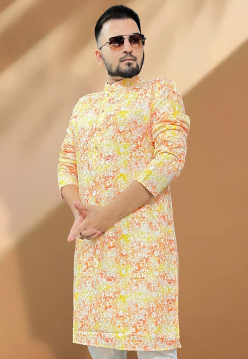 Embroidered Cotton Kurta in Yellow and Orange