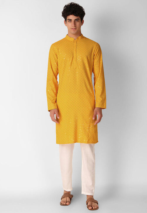 Embroidered Cotton Kurta in Yellow