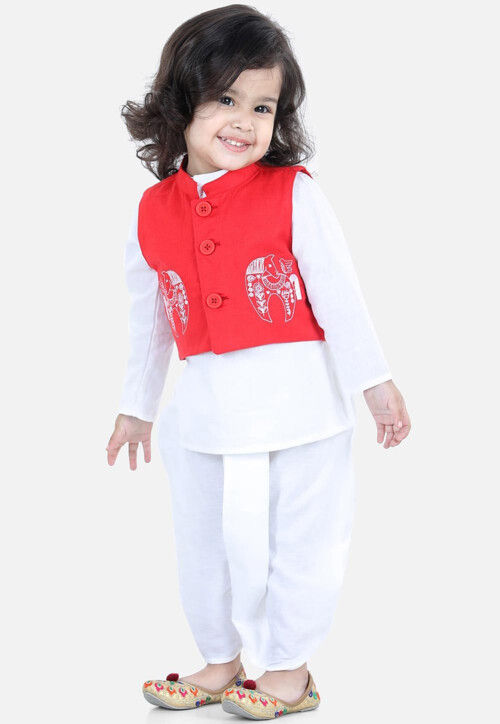 Embroidered Cotton Kurta Jacket Set in White and Red