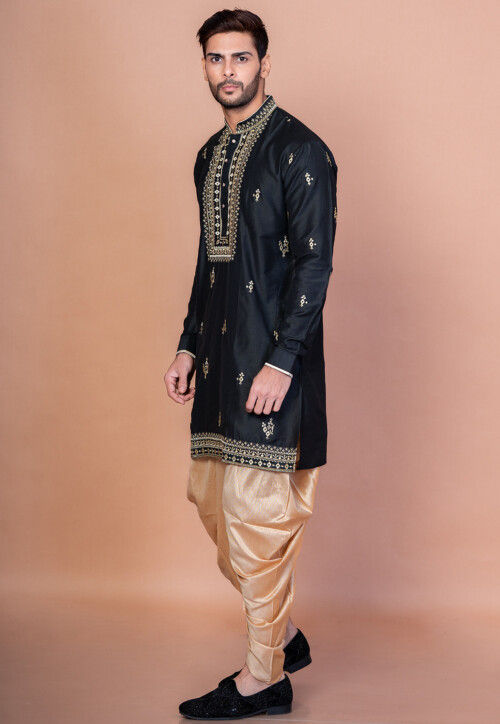 Embroidered Cotton Kurta Set in Black