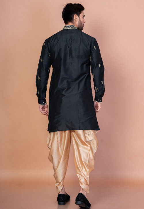 Embroidered Cotton Kurta Set in Black
