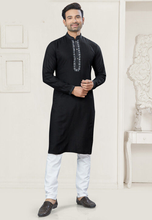 Embroidered Cotton Kurta Set in Black