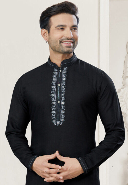 Embroidered Cotton Kurta Set in Black
