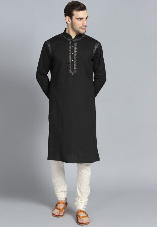 Embroidered Cotton Kurta Set in Black