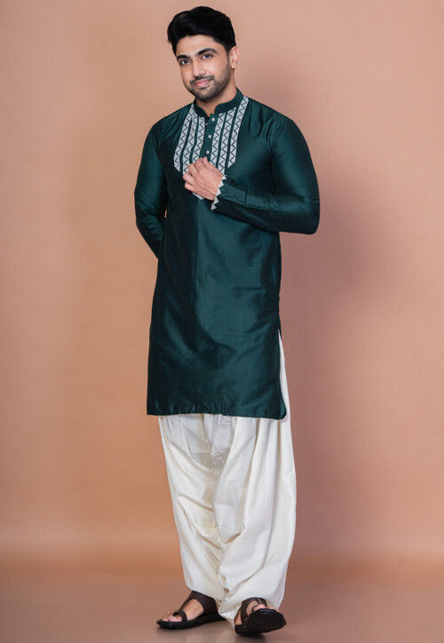 Embroidered Cotton Kurta Set in Dark Green