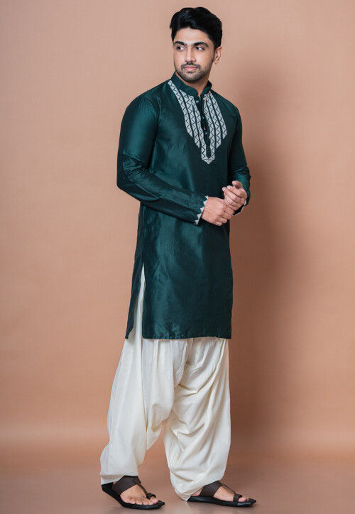 Embroidered Cotton Kurta Set in Dark Green