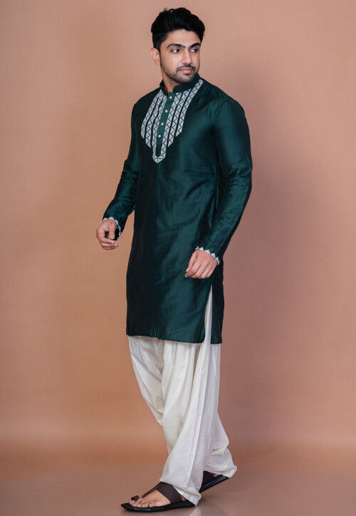 Embroidered Cotton Kurta Set in Dark Green