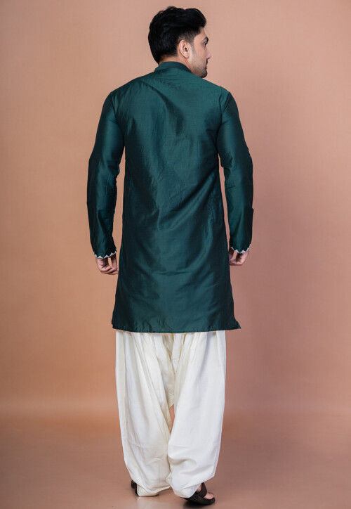 Embroidered Cotton Kurta Set in Dark Green