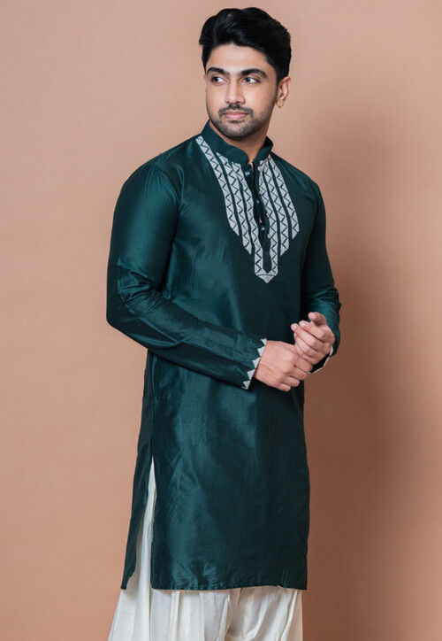 Embroidered Cotton Kurta in Dark Green