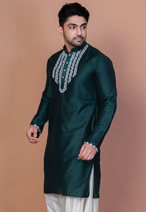 Embroidered Cotton Kurta in Dark Green