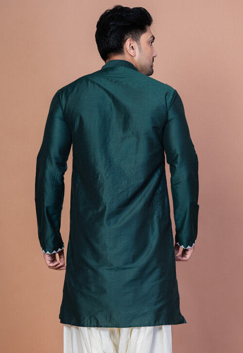 Embroidered Cotton Kurta in Dark Green