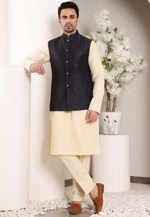 Embroidered Cotton Kurta Set in Light Beige and Black
