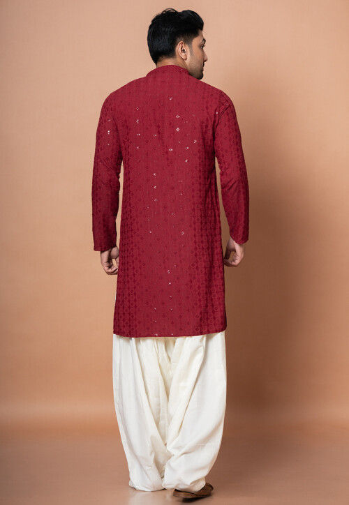 Embroidered Cotton Kurta Set in Maroon