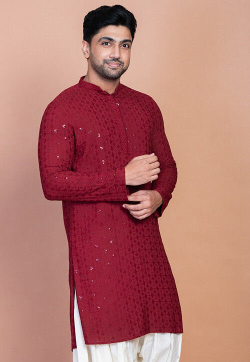 Embroidered Cotton Kurta in Maroon