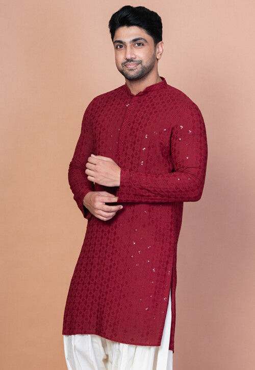 Embroidered Cotton Kurta in Maroon
