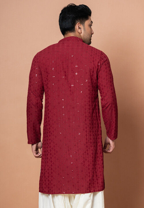 Embroidered Cotton Kurta in Maroon