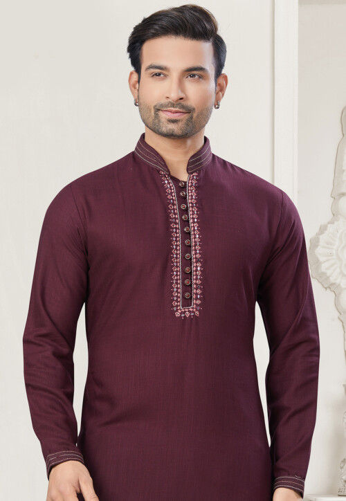 Embroidered Cotton Kurta Set in Maroon