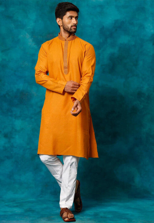 Embroidered Cotton Kurta Set in Mustard