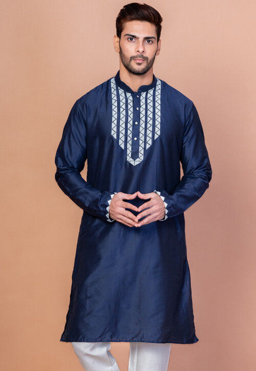 Embroidered Cotton Kurta in Navy Blue