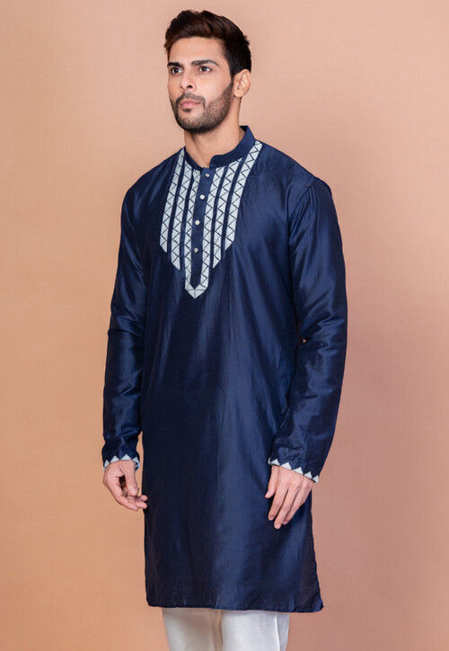 Embroidered Cotton Kurta in Navy Blue