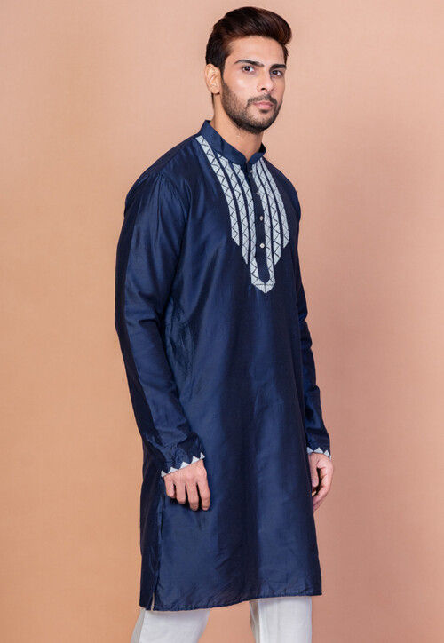Embroidered Cotton Kurta in Navy Blue
