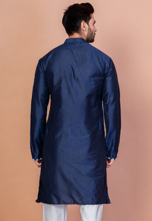 Embroidered Cotton Kurta in Navy Blue