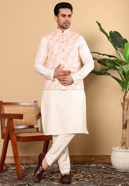Embroidered Cotton Kurta Set in Off White and Peach