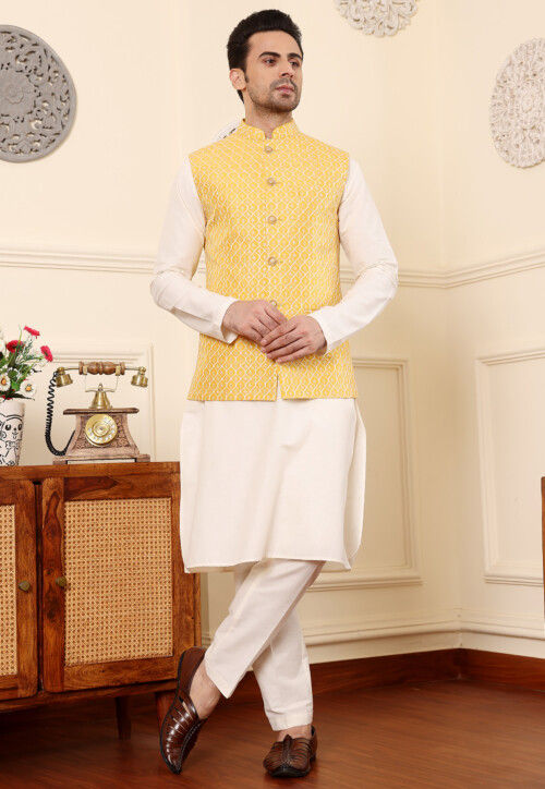 Embroidered Cotton Kurta Set in Off White and Yellow