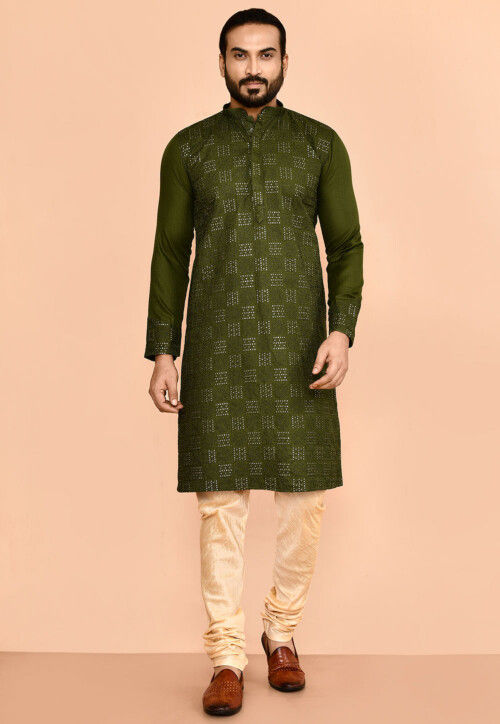 Embroidered Cotton Kurta Set in Olive Green