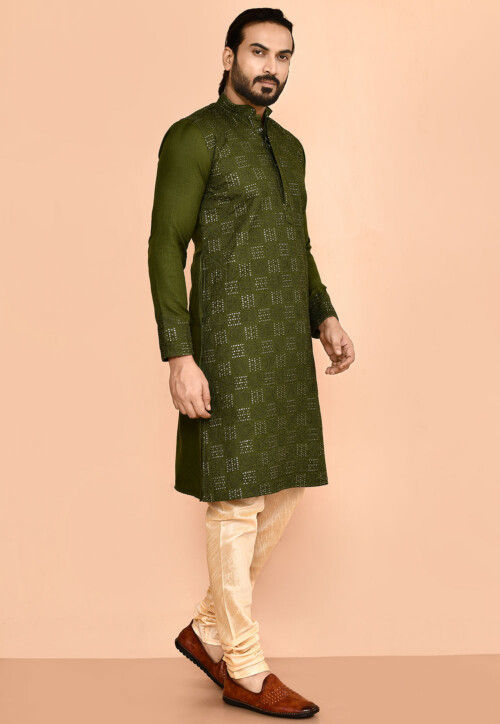 Embroidered Cotton Kurta Set in Olive Green