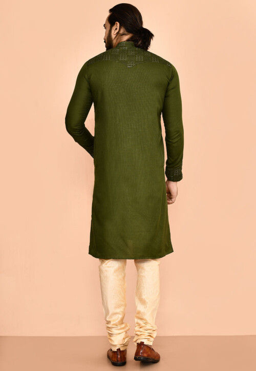 Embroidered Cotton Kurta Set in Olive Green