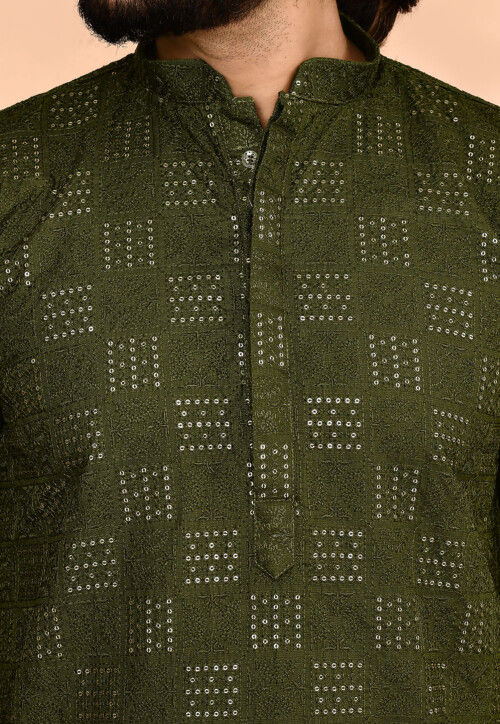 Embroidered Cotton Kurta Set in Olive Green