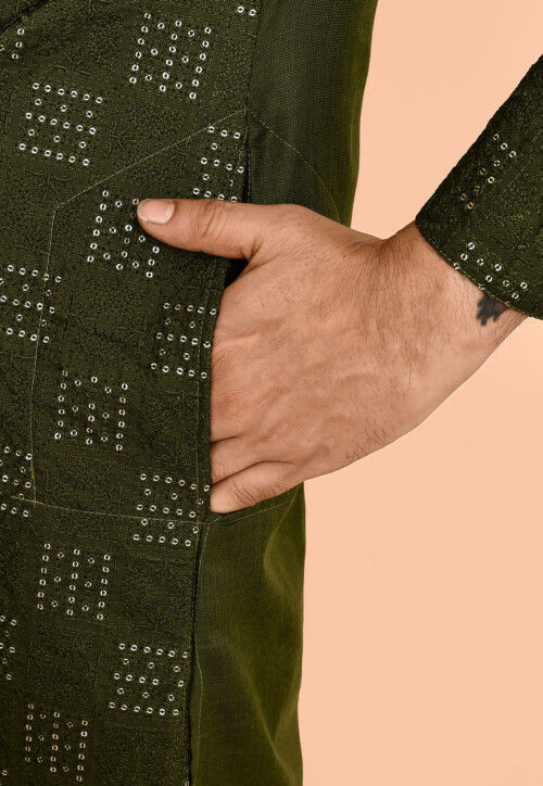 Embroidered Cotton Kurta Set in Olive Green