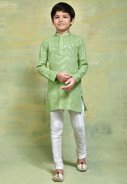 Embroidered Cotton Kurta Set in Pastel Green
