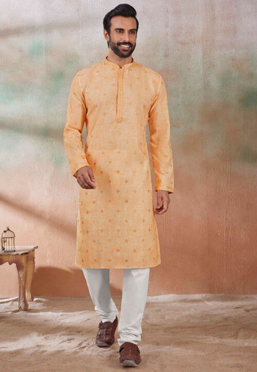 Embroidered Cotton Kurta Set in Peach