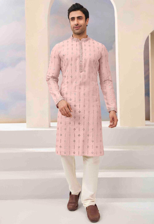 Embroidered Cotton Kurta Set in Pink