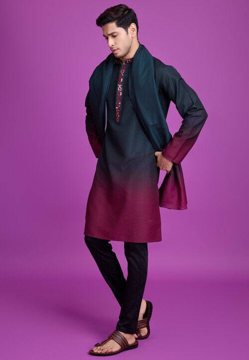 Teal Green and White Chevron Embroidered Kurta Pant Set main image 0