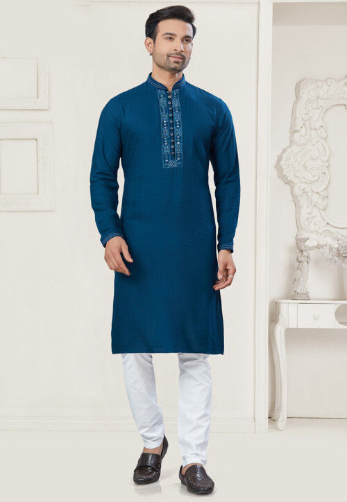 Embroidered Cotton Kurta Set in Teal Blue