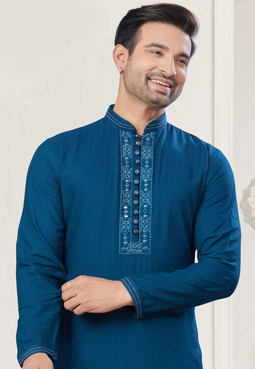 Embroidered Cotton Kurta Set in Teal Blue