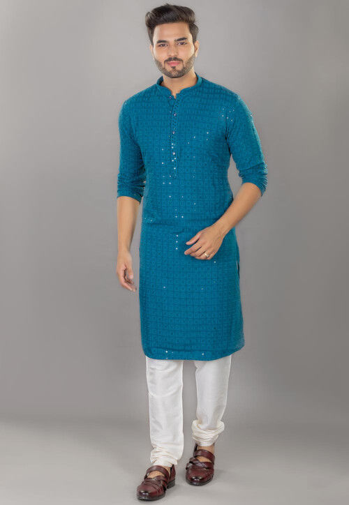 Embroidered Cotton Kurta Set in Teal Blue