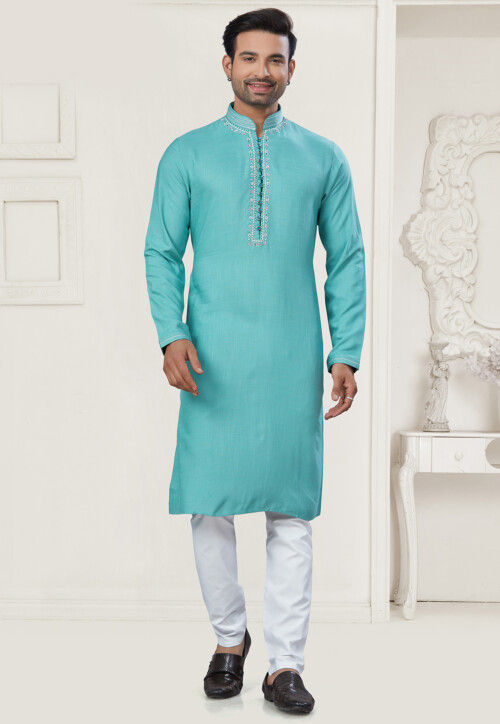 Embroidered Cotton Kurta Set in Turquoise