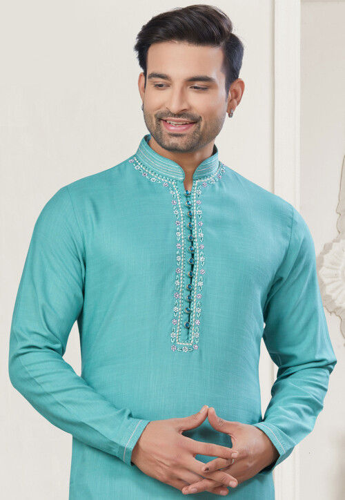 Embroidered Cotton Kurta Set in Turquoise