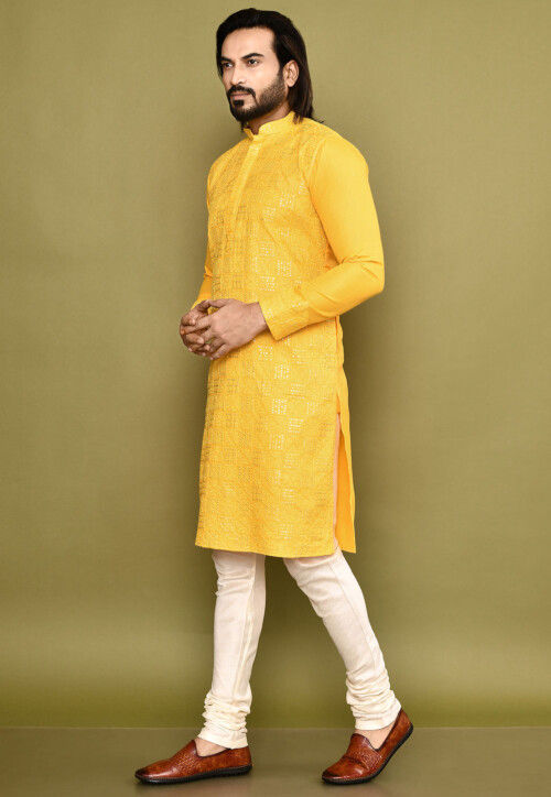 Embroidered Cotton Kurta Set in Yellow