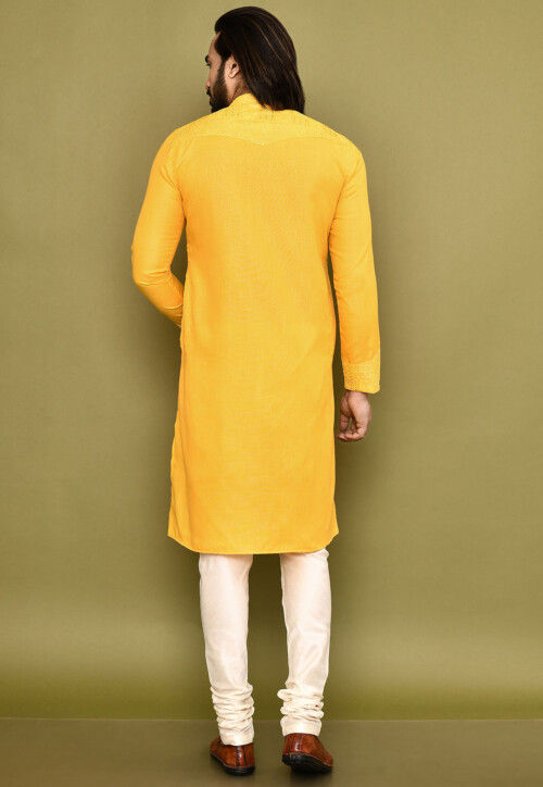Embroidered Cotton Kurta Set in Yellow