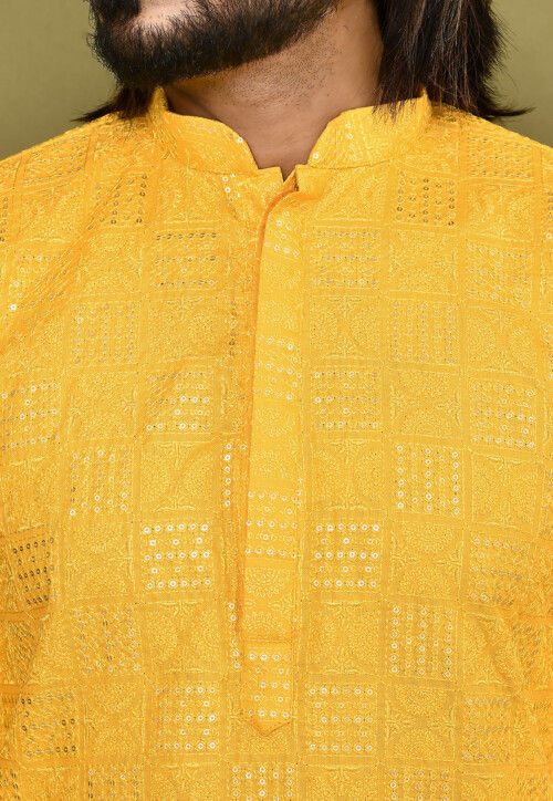 Embroidered Cotton Kurta Set in Yellow