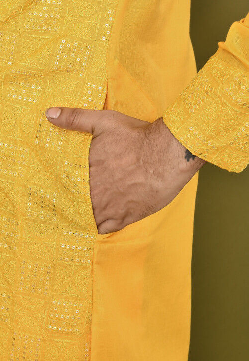 Embroidered Cotton Kurta Set in Yellow