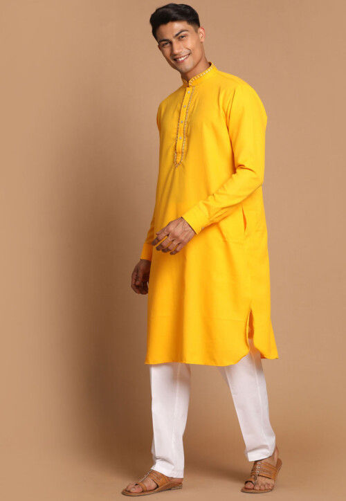 Embroidered Cotton Kurta Set in Yellow