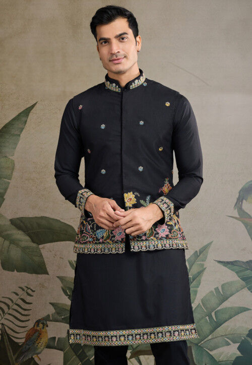 Embroidered Cotton Kurta with Jacket in Black