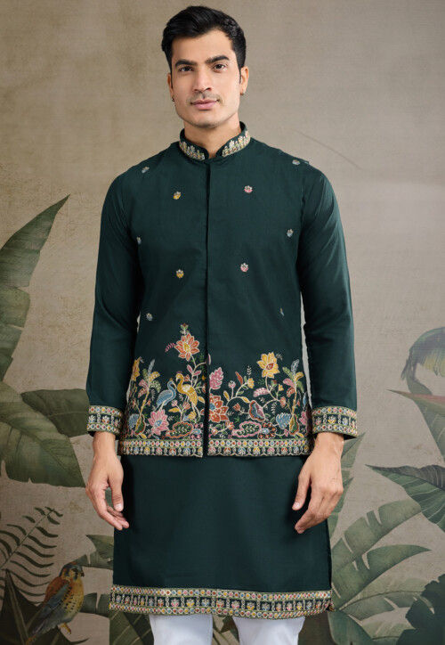 Embroidered Cotton Kurta with Jacket in Dark Green