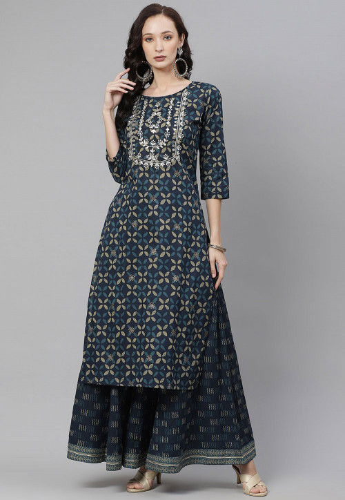 Buy Embroidered Cotton Kurta with Palazzo in Dark Blue Online : TKV188 ...
